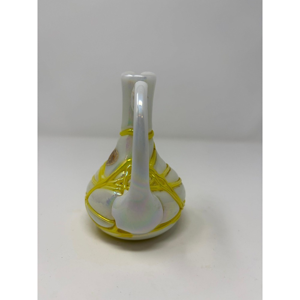 Vintage 1984 Gibson Glass White Opalescent Iridescent Yellow Threaded Cruet - Picture 2 of 6
